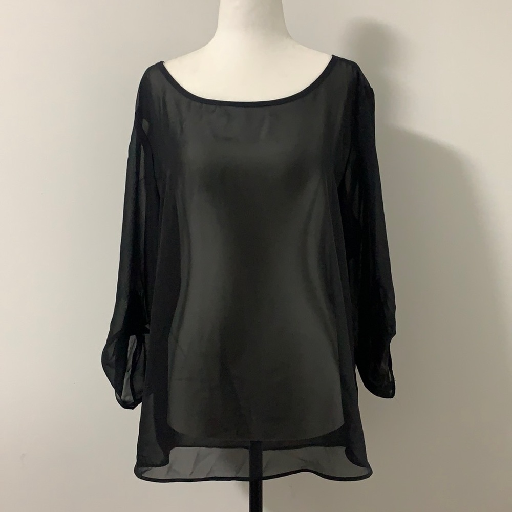 Warehouse One Translucent 3/4 Button Sleeve Tunic Blouse